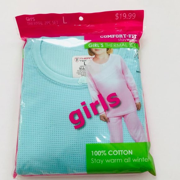 Girls Winter Warm Cotton Thermal 2 PCS Set Top+ Pants, Teal Blue,  L - Picture 1 of 5